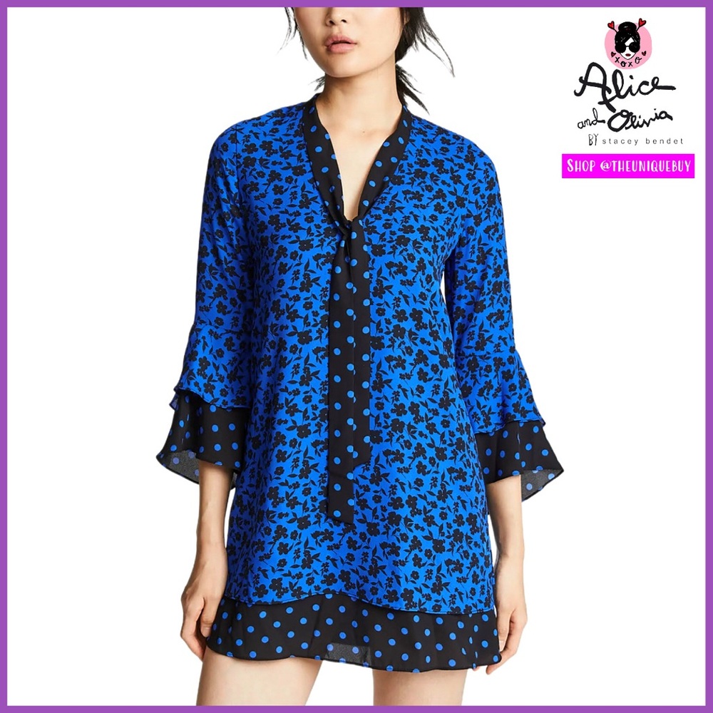 Alice + Olivia Wellesly Mixed Print Tie Neck Blue Black Mini Dress - Picture 6 of 16